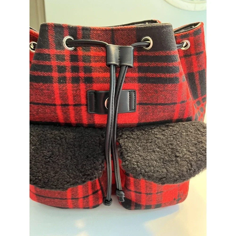 BEARPAW Faux Shearling Trim Drawstring Backpack, Red and Black Buffalo Plaid